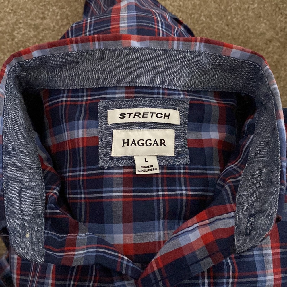 Haggar red/blue plaid Casual button down shirt size L stretch style - Picture 6 of 6